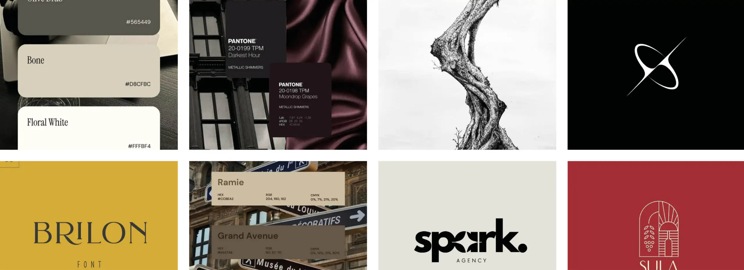 Moodboard di identità visiva realizzata dagli studenti IAAD., con ricerca cromatica, tipografica e concettuale per lo sviluppo del marchio.