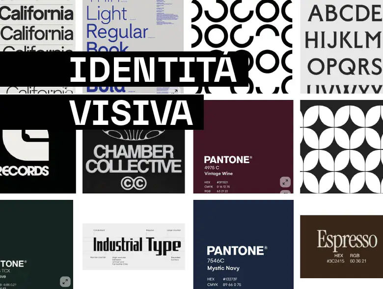 Moodboard di identità visiva realizzata dagli studenti IAAD., con ricerca cromatica, tipografica e concettuale per lo sviluppo del marchio.